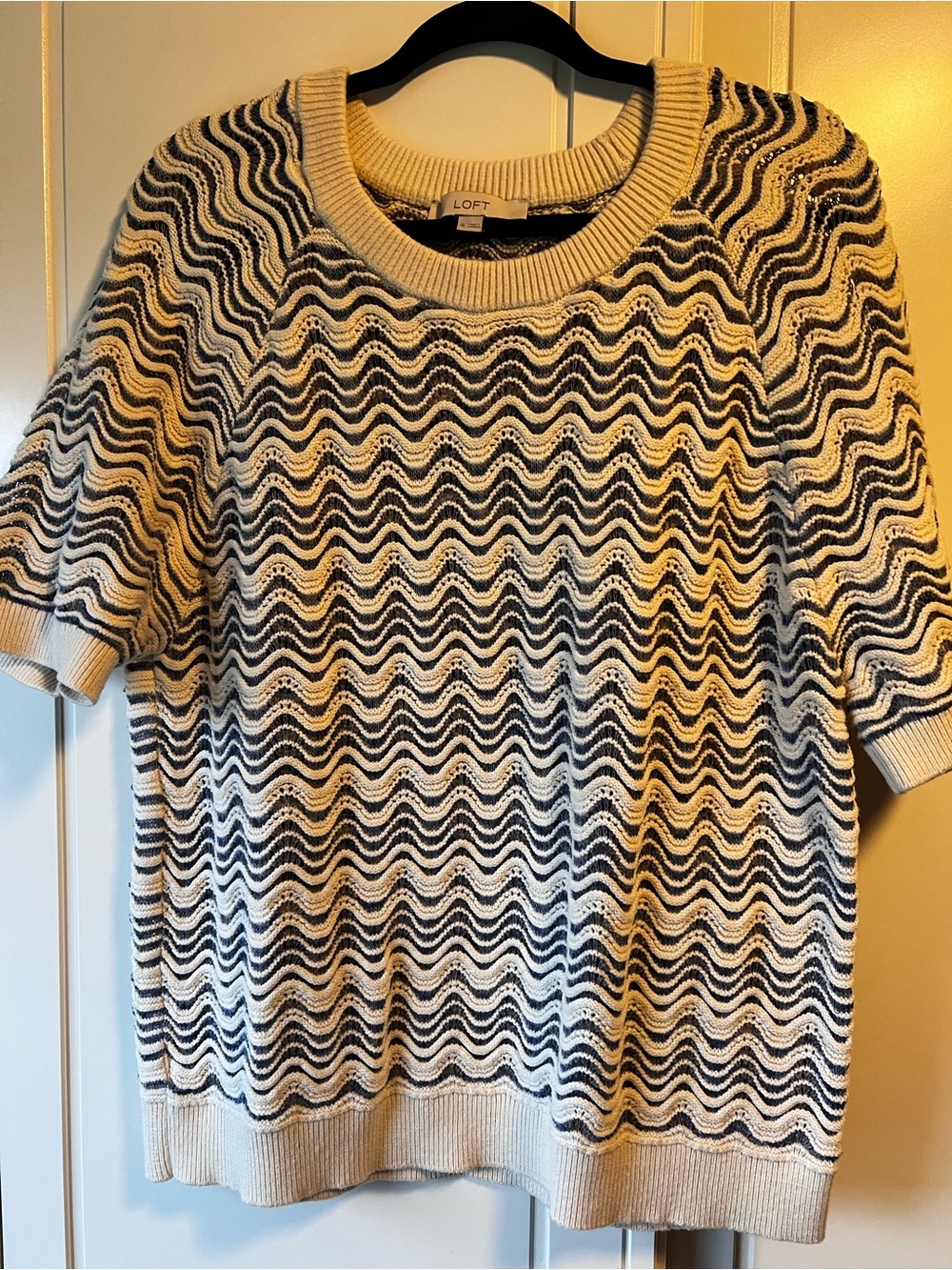 LOFT Cream and Navy Wave Knit Short-Sleeve Sweater
